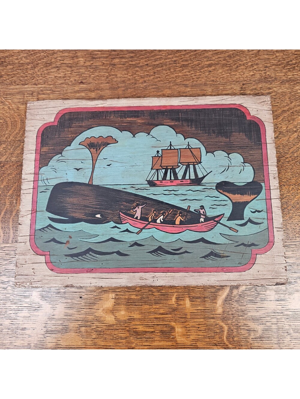 Vintage Folk Art Whaling Scene Painted Wood Panel Nautical Wall Hanging